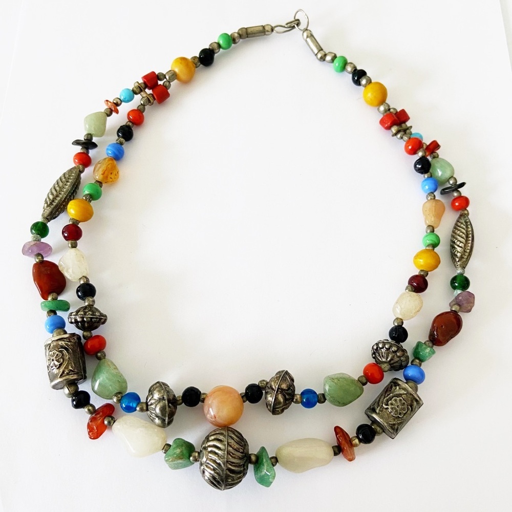 Vintage multi stone silver concho bead native double strand necklace 18”